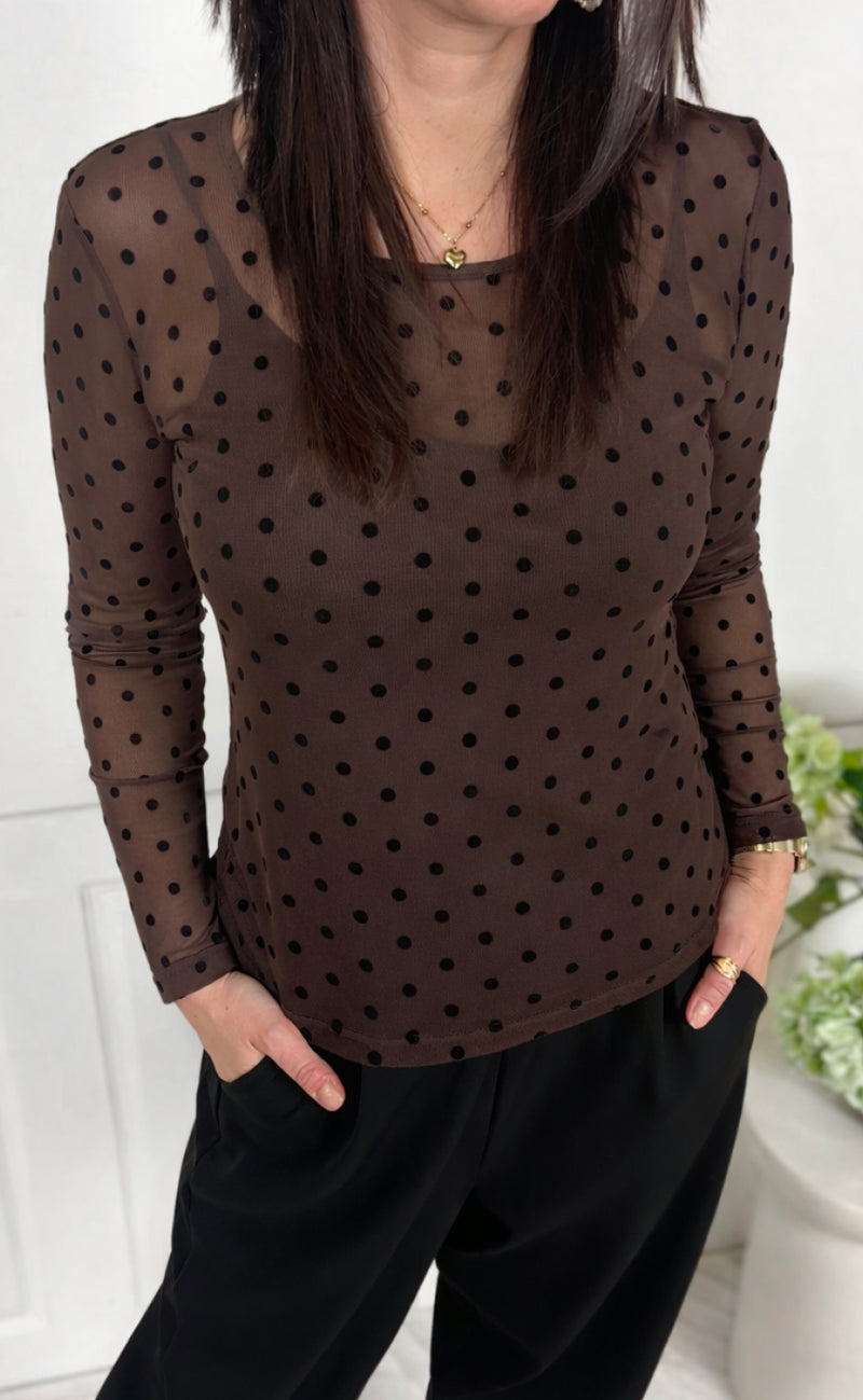 Say INA Copenhagen Bluse - Sophia Mesh - Brown W. Black Dots