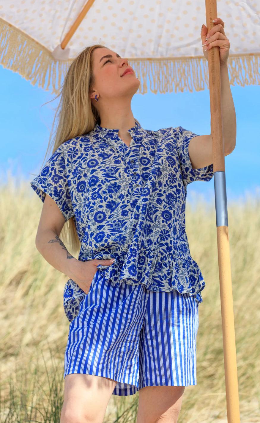 Black Colour Bluse - Flora Ruffle - Royal Blue