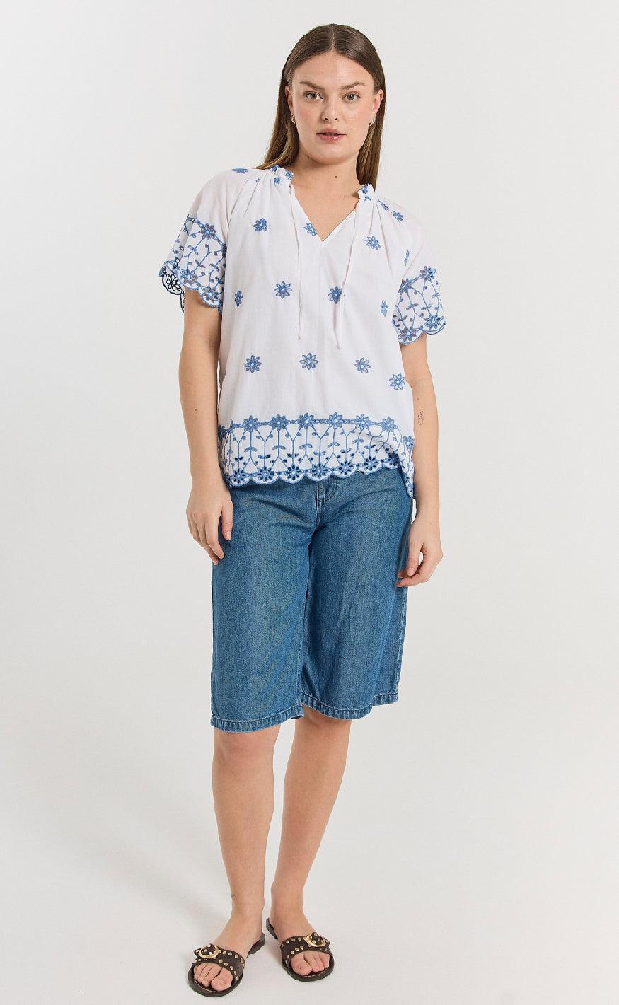 Freequent Bluse - Didi - Brilliant White w. Deep Ultrama