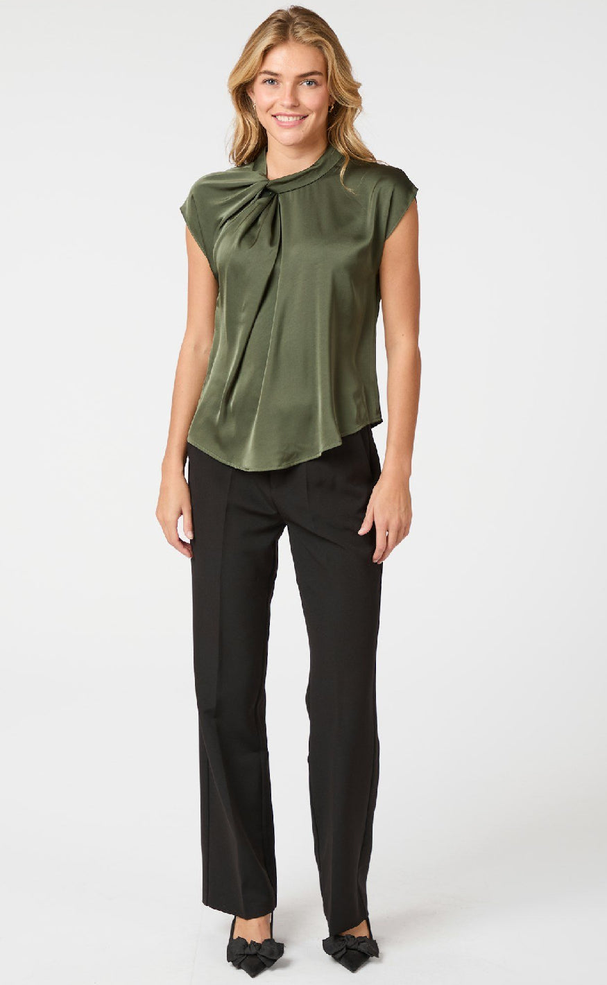Neo Noir Top - Fleur Drapy Satin - Army