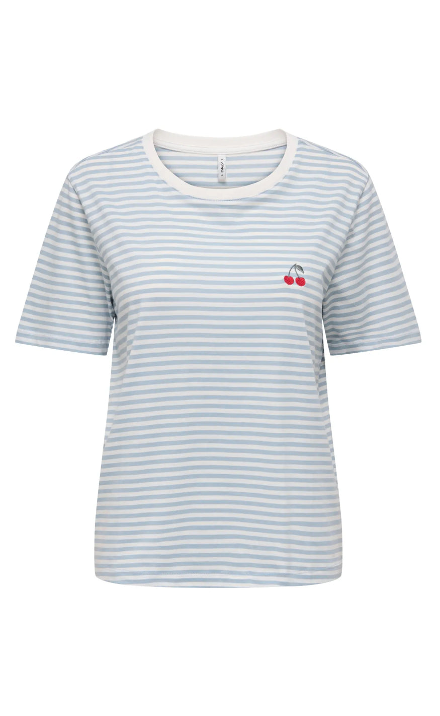 ONLY T-Shirt - Happy - Cloud Dancer/Soft Chambray/Cherry