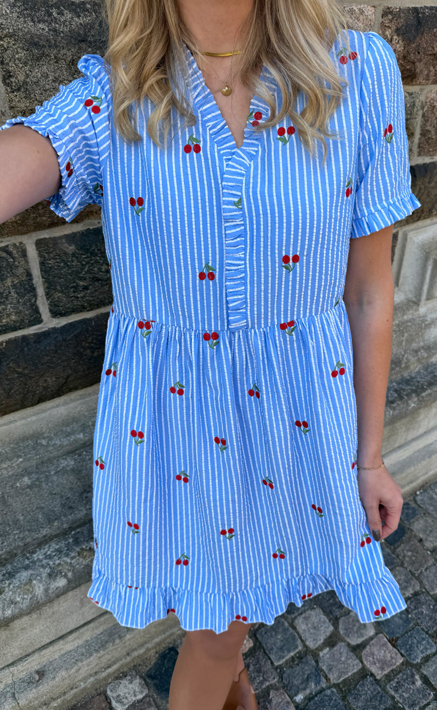 Say INA Copenhagen Kjole - Catja Summer - Blue Striped W. Cherries