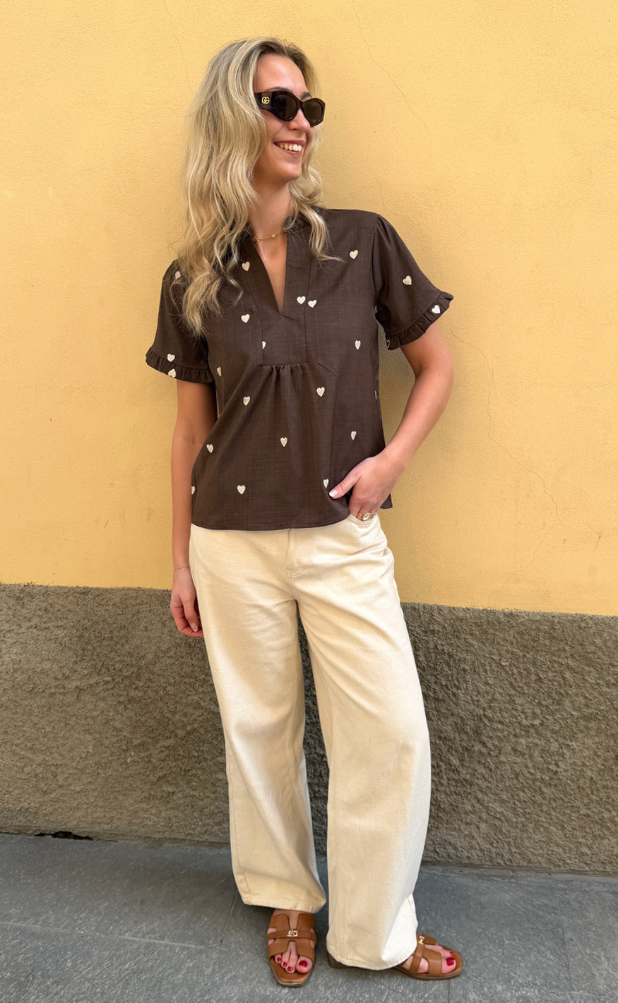 Say INA Copenhagen Top - Winnie New - Dark Brown W. Off White Embroidery Hearts