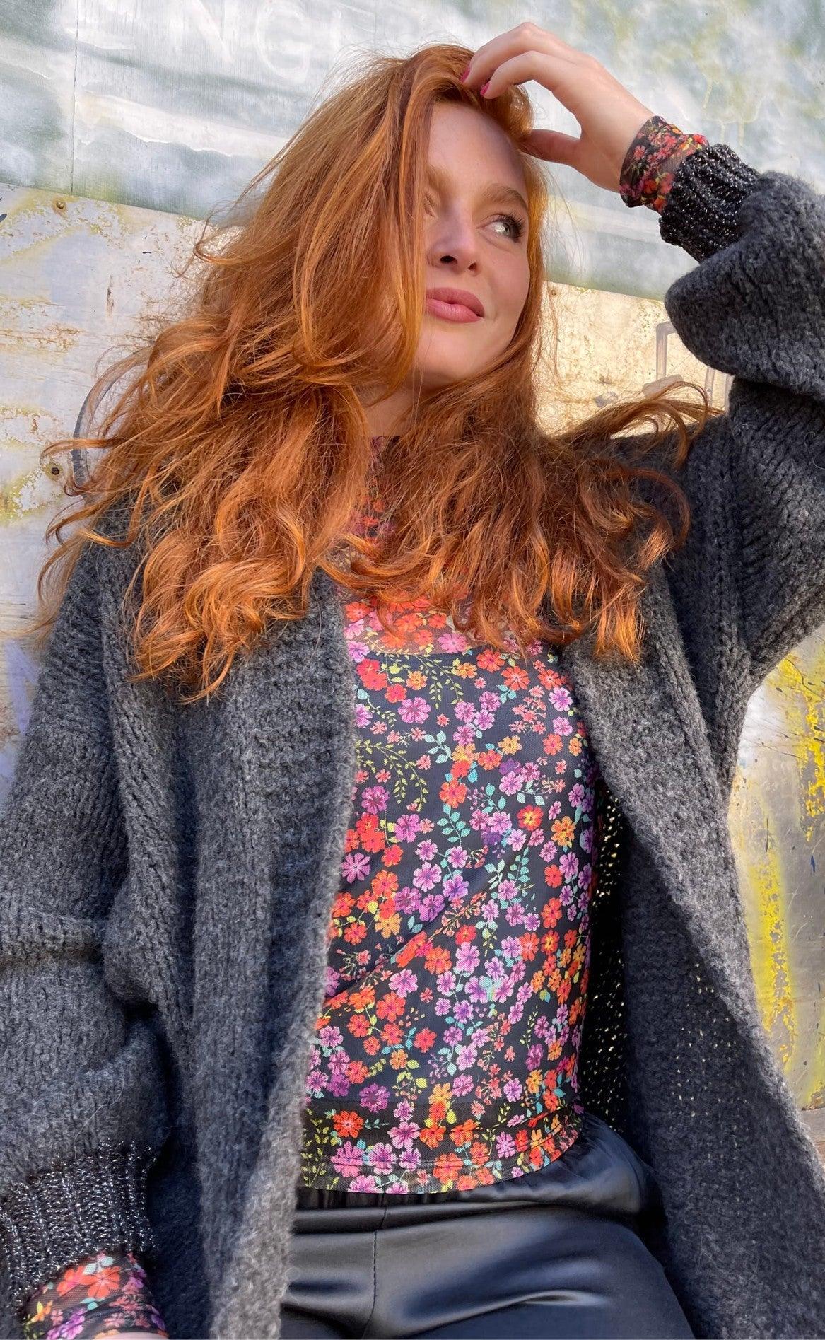 Black Colour Bluse - Milano Mesh - Black Flower
